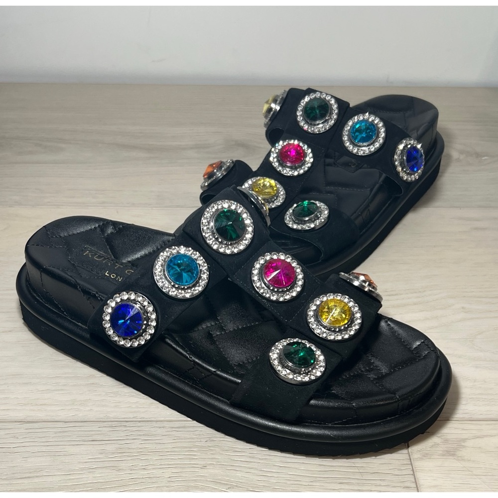 Kurt Geiger London Womens ORSON CRYSTAL Black Leather Slide Sandals Shoes Sz 9 - Picture 2 of 9